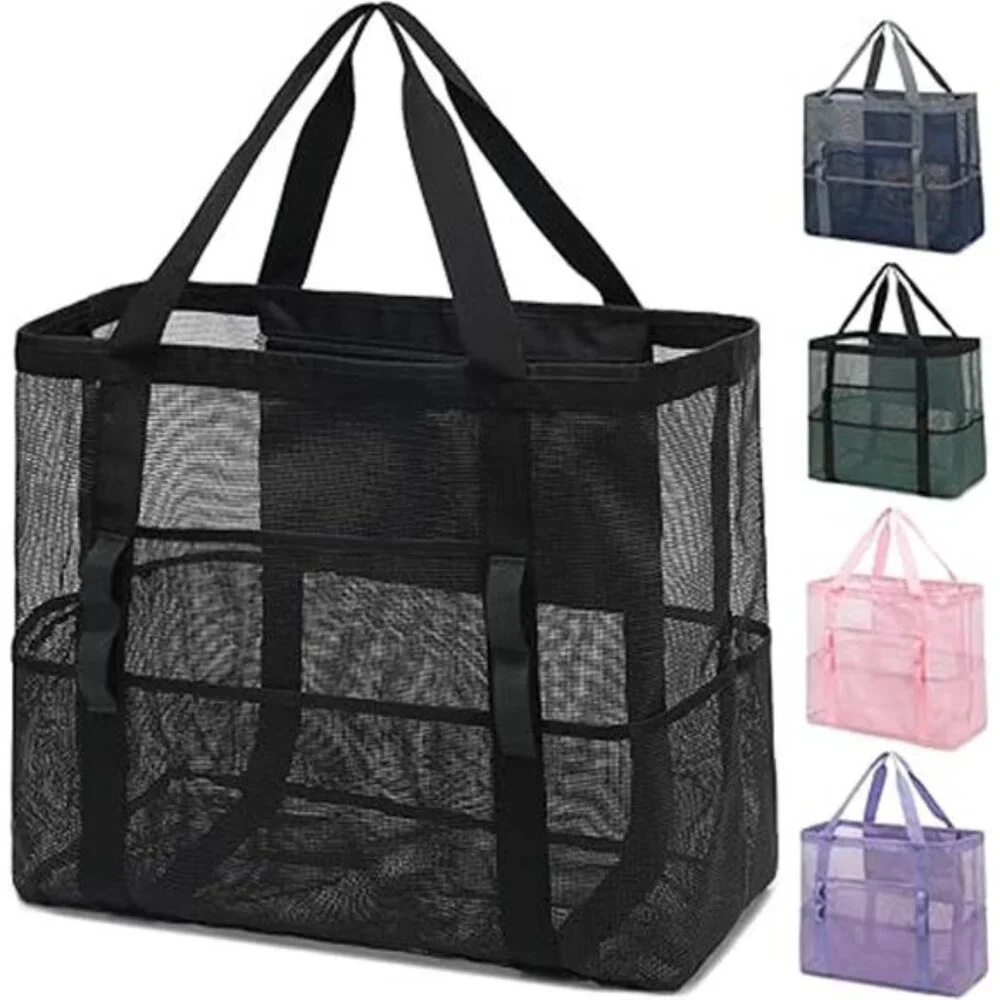 Mesh Beach Bag, Large Beach Tote with Zipper Pocket for Family Pool Bag